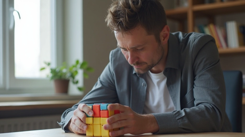 Профессиональная фотография человека решающего головоломку с сосредоточенным выражением