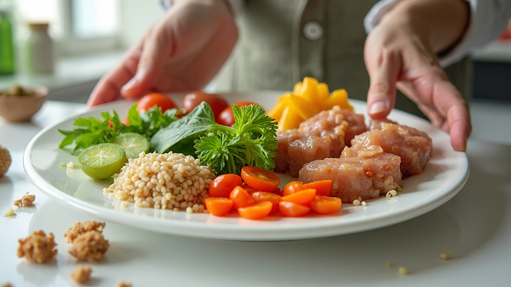 Здоровая еда с овощами, белками и углеводами на красивой тарелке в естественном освещении
