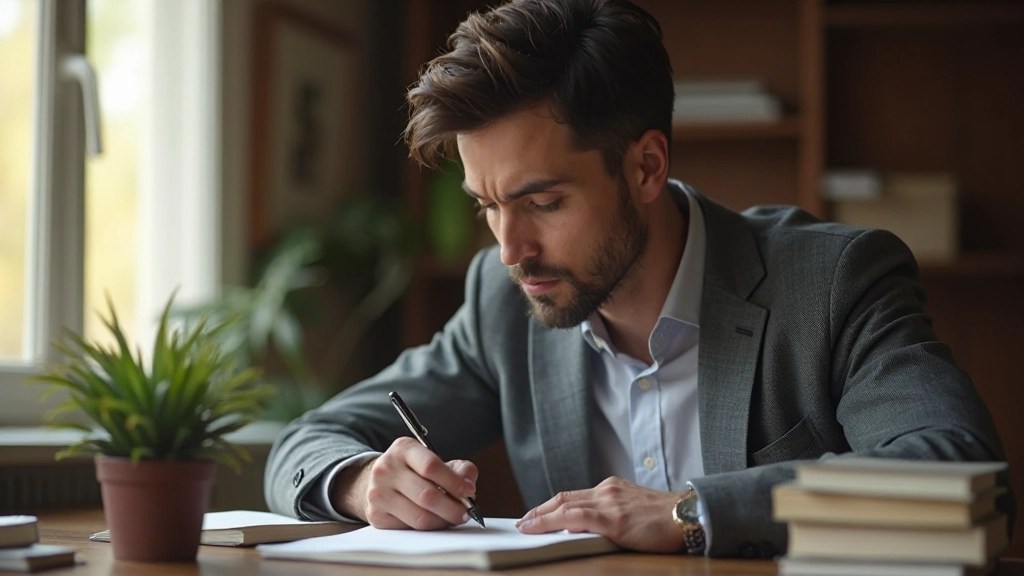 Человек занимается изучением и запоминанием информации, сидя за столом с книгами и заметками