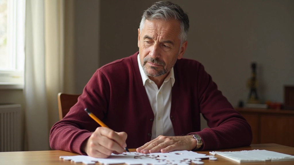 Middle-aged man doing crossword puzzle at table with coffee cup and morning light