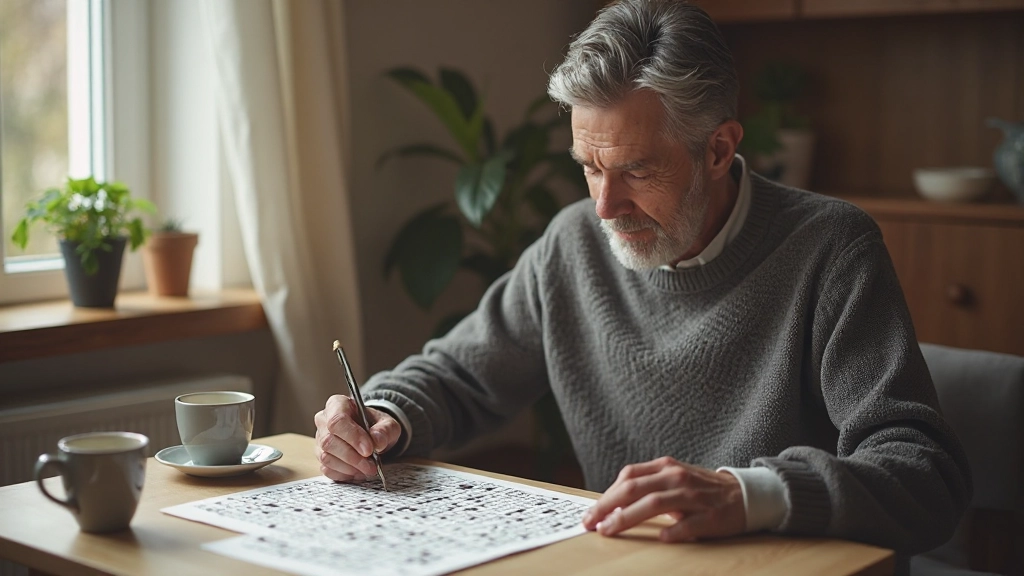 Зрелый мужчина разгадывает кроссворд за столом с кофе и утренним светом, развивает память с помощью когнитивных упражнений