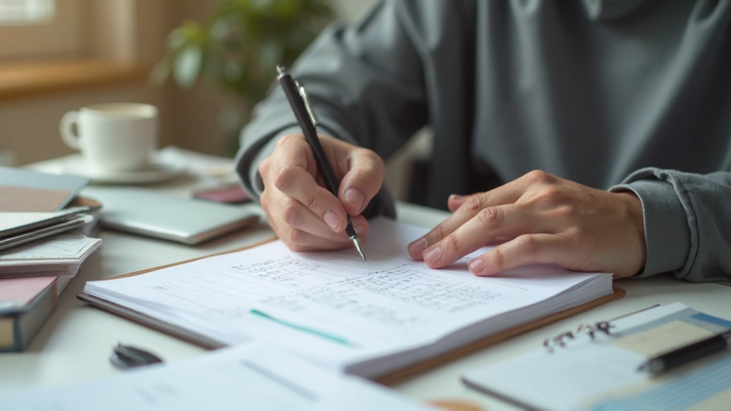 Человек планирует недельный график, расставляя приоритеты на бумаге